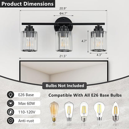 3-Light Black Bathroom Light Fixture, Modern 20.9" Bathroom Vanity Light, Vanity Light with Clear Crystal Shades, E26 Base Wall Sconces Over Mirror for Bathroom, Bedroom, Hallway