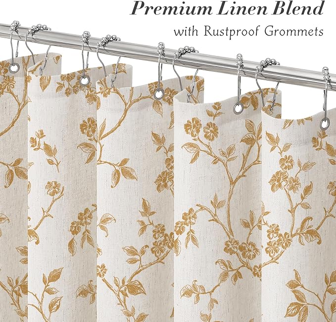 MitoVilla Yellow Linen Floral Shower Curtain for Bathroom, 72 x 72 | Yellow BoHo Cottagecore Spring Shower Curtains, Modern Farmhouse Country Plant Leaves Bathroom Décor, 72 x 72