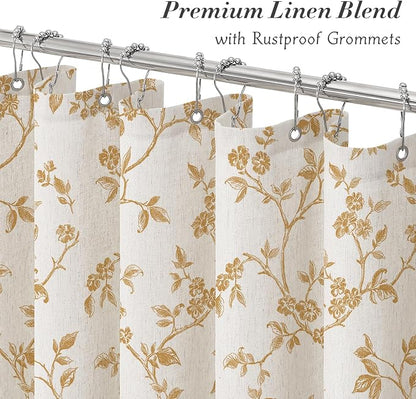 MitoVilla Yellow Linen Floral Shower Curtain for Bathroom, 72 x 72 | Yellow BoHo Cottagecore Spring Shower Curtains, Modern Farmhouse Country Plant Leaves Bathroom Décor, 72 x 72