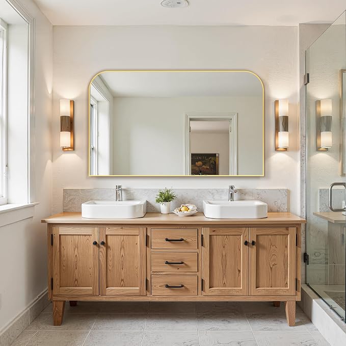 30"x50" Gold Metal Framed Bathroom Mirror for Over Sink | Rounded rectangle shape. Shatterproof HD glass, all mounting hardware for bathroom, bedroom, entryway.