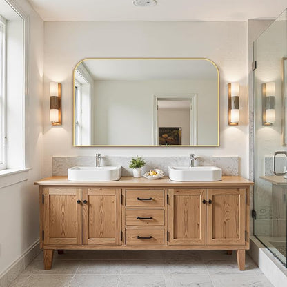 30"x50" Gold Metal Framed Bathroom Mirror for Over Sink | Rounded rectangle shape. Shatterproof HD glass, all mounting hardware for bathroom, bedroom, entryway.