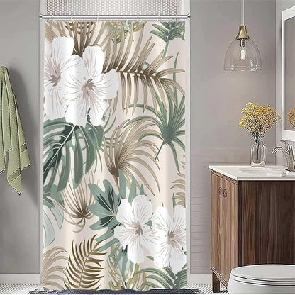 Tropical Shower Curtain for Bathroom, Green Palm Tree Flower Plant Boho Leaf Banana Monstera Sage Beige Shower Curtains Set, Fabric Bathroom Accessories with Hooks 47x64 Inch