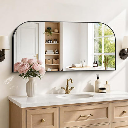YIROMAN Bathroom Mirrors for Over Sink,48"x24" Black Bathroom Vanity Mirror | Thin Brushed Aluminum Frame,HD tempered glass, Rectangular,Rounded & Right-angle Corners,Sink,Entryway,Bedroom