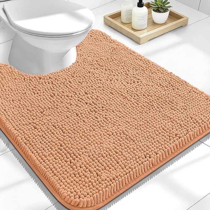 OLANLY Toilet Rugs U-Shaped 24x20, Soft Absorbent Chenille Contour Rugs | Peach, Quick-Drying Rubber Backing, Machine Washable Non-Slip Shaggy Bathroom Mat for Toilet, Home Decor Accessories