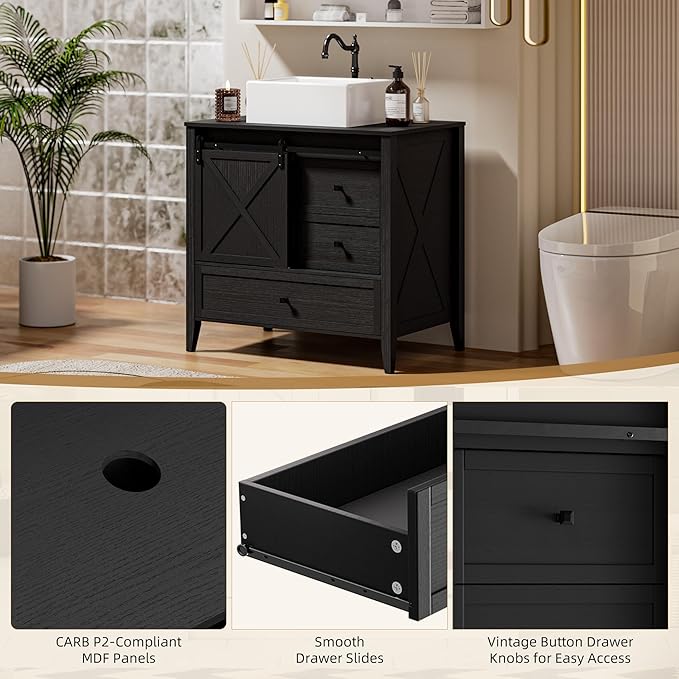 VNN Bathroom Vanity with Sink - 36 Inch Bathroom Vanity with Sink Ceramic, Freestanding Cabinet with Farmhouse Sliding Barn Door and 3 Drawers, Space-Saving Storage Cabinet, Wood Grain Texture, Black