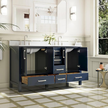 60-Inch Bathroom Vanity with Sink, 4 Soft-Close Doors and 6 Soft-Close Drawers, Bathroom Freestanding Vanity with Cultured Marble Countertop, Navy Blue Vanity with Brushed Nickel Handles