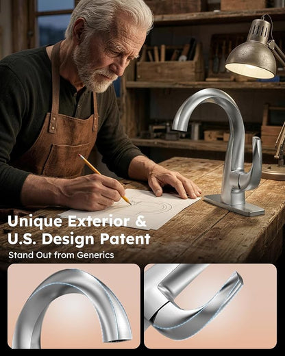 WOWOW Single Handle Bathroom Faucet, 1 Hole, High Arc, Brushed Nickel, Pop-up Drain, Solid Brass, Commercial Bathroom Sink Faucet, Basin Vanity Bar Faucet