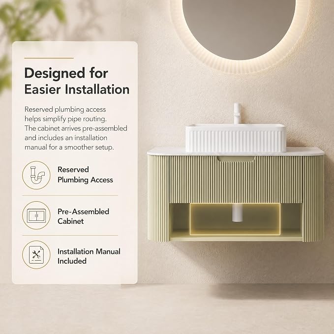 36 Inch Bathroom Vanity with Sink, Floating Wall Mounted Single Sink Vanity, Sage Green Curved Fluted Front, Stone Top, White Textured Rectangular Vessel Basin, Pre-Assembled