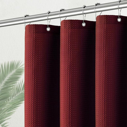Stall Burgundy Fabric Shower Curtain - Waffle Textured Small Heavy Duty Cloth Shower Curtains for Bathroom, 256GSM Narrow Hotel Spa Luxury Bath Curtain Set with 6 Hooks (36Wx72H, Burgundy)