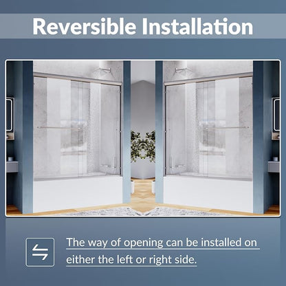 SUNNY SHOWER Bathtub Shower Door 60" W x 62" H Semi-Frameless Double Sliding Design Glass Shower Tub Door, Brushed Nickel Finish