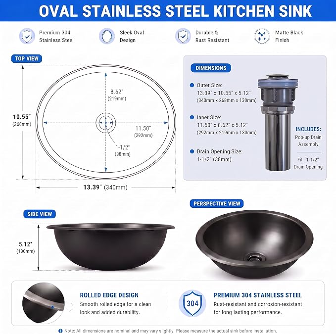 LQS Small RV Sink, Black Oval RV Bathroom Sink, 13.39 x 10.63 Inch | Drop-In Black Bathroom Sink for RVs, Stainless Steel Oval Small Sink with 5.12-Inch Depth and Drain Assembly Included