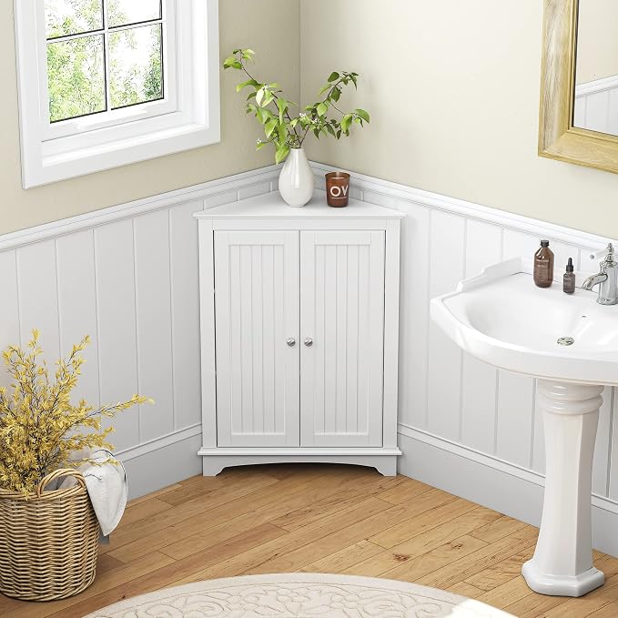 Spirich Corner Bathroom Cabinet with Doors and Adjustable Shelf, White | 2 Beadboard Doors, Adjustable Shelf, Space-Saving Triangular Design for Bathrooms, Kitchens, Living Rooms, and Entryways