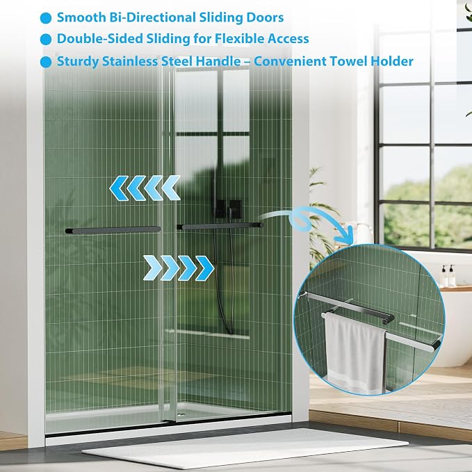 Frameless Double Sliding Shower Door, 44-48 Inches Wide x 74 Inches High, 6mm Tempered Glass with Stainless Steel Track, Bathroom Renovation Upgrade, Easy Install, Matte Black