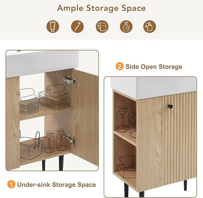 21.6 in Small Bathroom Vanity with Sink,Doors and Storage Shelves,Wood Modern Single Fluted Bathroom Sink Cabinet Freestanding (Natural Wood,Left Shelf)
