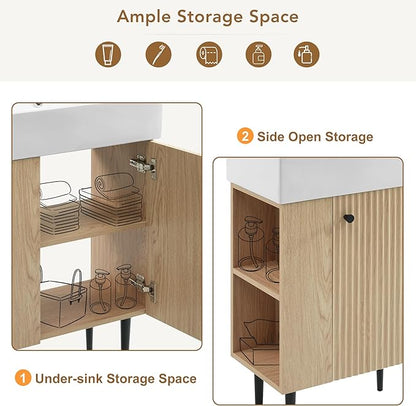 21.6 in Small Bathroom Vanity with Sink,Doors and Storage Shelves,Wood Modern Single Fluted Bathroom Sink Cabinet Freestanding (Natural Wood,Left Shelf)