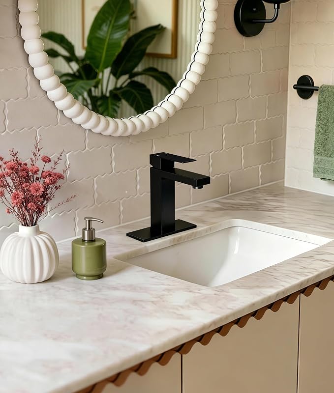 Matte Black Bathroom Faucet Single Hole with Pop-Up Bathroom Drain Single Handle Bathroom Sink Faucet w/Deck Plate(1 or 3 Hole) for Vanity Sinks, RV, Farmhouse