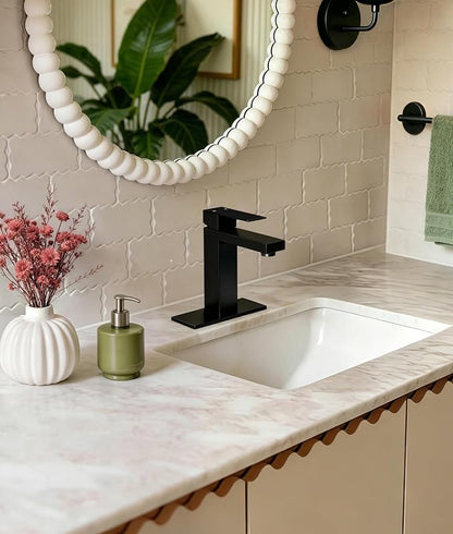 Matte Black Bathroom Faucet Single Hole with Pop-Up Bathroom Drain Single Handle Bathroom Sink Faucet w/Deck Plate(1 or 3 Hole) for Vanity Sinks, RV, Farmhouse