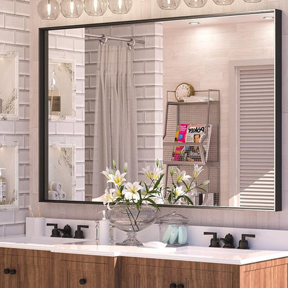 Keonjinn 55x36 Inch Matte Black Bathroom Mirror for Over Sink, Rectangular | HD Tempered Glass, Vanity Mirror, Brushed Framed, Square Corner, Modern Farmhouse, Wall Mounted Mirrors, Aluminum Alloy