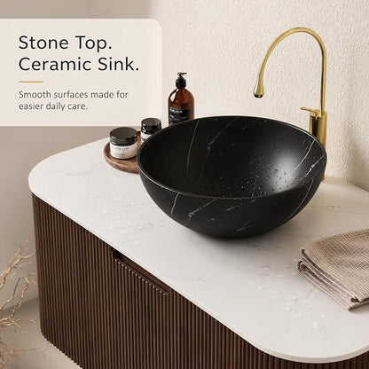 36 Inch Bathroom Vanity with Sink, Floating Wall Mounted Single Sink Vanity, Dark Walnut Curved Fluted Front, Stone Top, Black Marble Vessel Basin, Pre-Assembled