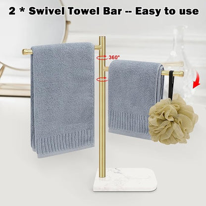 Standing Hand Towel Holder, Hand Towel Stand with Marble Base, 304 Stainless Steel Towel Rack with 2 Swivel Arm, Countertop Stand Towel Ring Towel Bar for Bathroom (Gold)