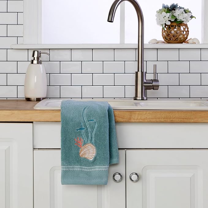 SKL Home Underwater Hand Towel Set-2pc, 100% Cotton, Embroidered, Blue | Soft, decorative velour. For use in the bathroom, kitchen or bar. Great for Airbnb, beach homes, coastal décor.