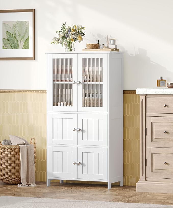 Akxomel 43.3'' H Bathroom Storage Cabinet with 6 Doors Adjustable Shelf | Bathroom Floor Cabinet, Linen Cabinet with Transparent Doors, Modern Bathroom Cabinet, Living Room, Kitchen, White