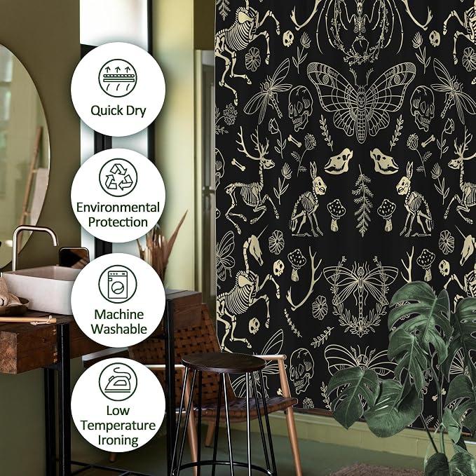 Black Goth Witchy Skull Shower Curtain Gothic Home Gift Set 72x72 Inches | Wild Animal Skeleton Goth Witchy Moth Print, Urban Home Guest Housewarming Gothic Lover Bath Decor, With Fabric Hooks