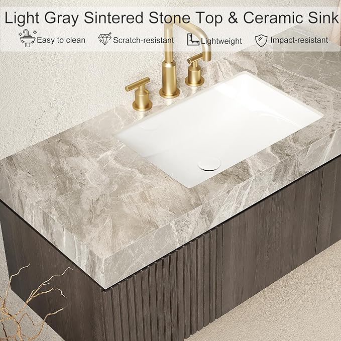 48" Floating Bathroom Vanity with Sink, Plywood Bathroom Vanities with Drawer and Doors, Light Gray Sintered Stone and 3 Pre-drilled Faucet Holes Ceramic Basin, Pre-Assembled, Espresso Woodgrain