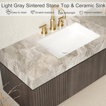 48" Floating Bathroom Vanity with Sink, Plywood Bathroom Vanities with Drawer and Doors, Light Gray Sintered Stone and 3 Pre-drilled Faucet Holes Ceramic Basin, Pre-Assembled, Espresso Woodgrain