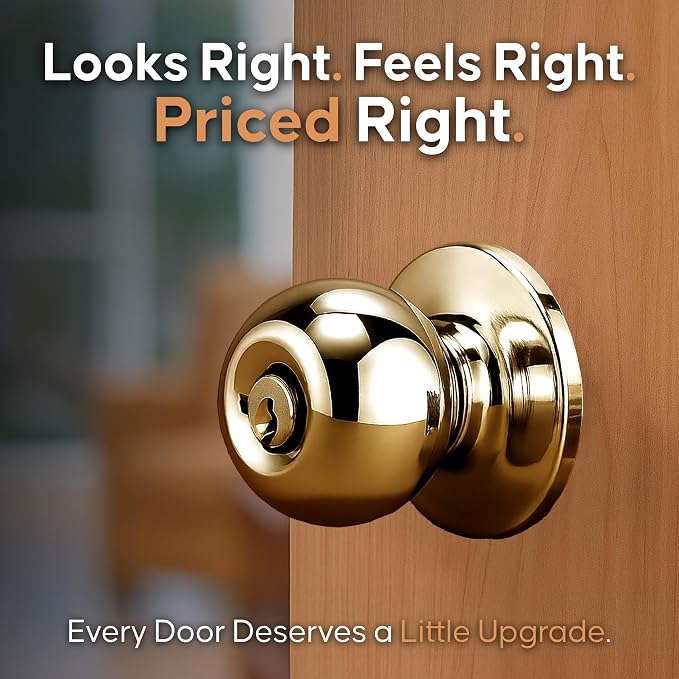 Copper Creek Entry Door Knob – Keyed Entry Handle with Lock and Key, ANSI Grade-3 Certified, DIY-Friendly Install for Interior and Exterior Entrance Doors – Polished Brass (1 Pack)