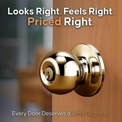 Copper Creek Entry Door Knob – Keyed Entry Handle with Lock and Key, ANSI Grade-3 Certified, DIY-Friendly Install for Interior and Exterior Entrance Doors – Polished Brass (1 Pack)