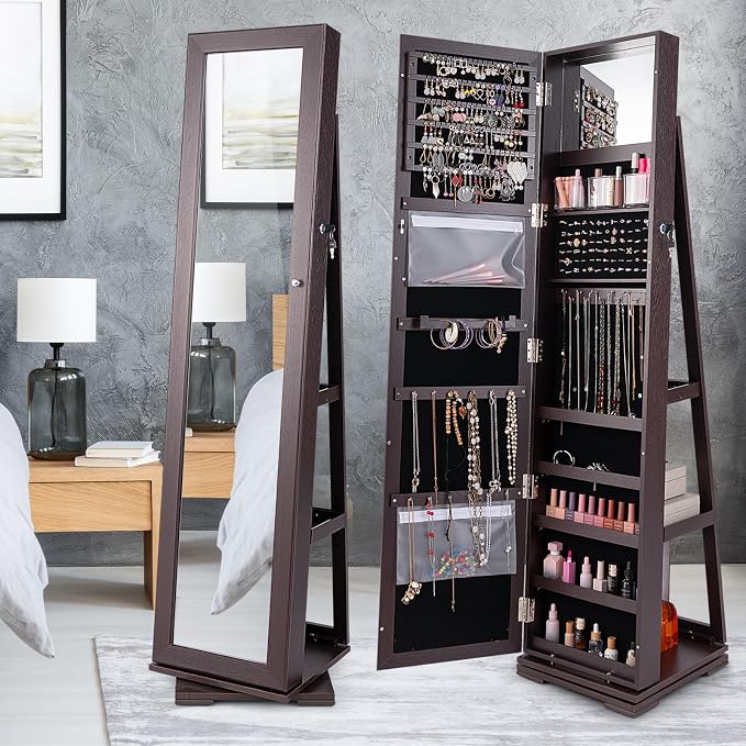 GOFLAME 360° Rotating Jewelry Armoire, Lockable Jewelry Cabinet with Full-Length Mirror & Inner Makeup Mirror, Standing Jewelry Storage Organizer with Rear Storage Shelves, Espresso