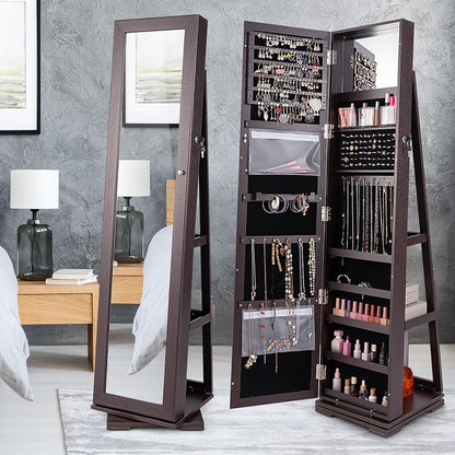 GOFLAME 360° Rotating Jewelry Armoire, Lockable Jewelry Cabinet with Full-Length Mirror & Inner Makeup Mirror, Standing Jewelry Storage Organizer with Rear Storage Shelves, Espresso