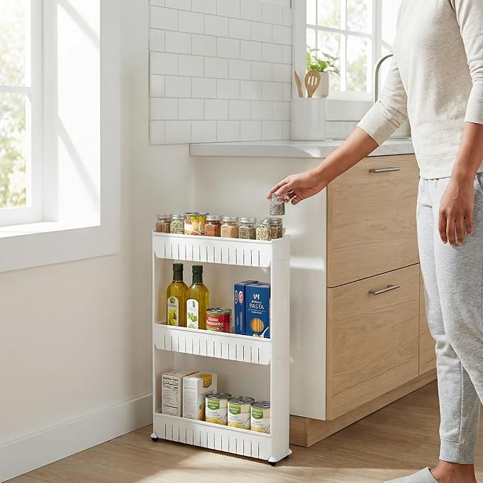 Lavish Home 3 Tier Shelf Rolling Cart - Narrow-Space Kitchen or Bathroom Shelf Organizer Cart - Slim Slide-Out Storage Shelves for Kitchen, Bathroom, Laundry and Pantry