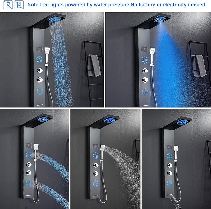 POPFLY Shower Panel Tower System with LED MIST & RAIN Shower Head, 2 Body Jets with LED, Tub Spout and Temperature Display, Water Powered Led Shower Tower Column Stainless Steel, Black