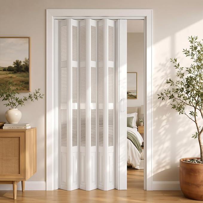 SMARTSTANDARD 48"x 80" Accordion Door with Grid Frosted Acrylic Glass,White | Double Walled PVC Folding Accordion Closet Door for Bedroom Bathroom, Save Space, Full-Side Magnetic Strip, Easy to Install