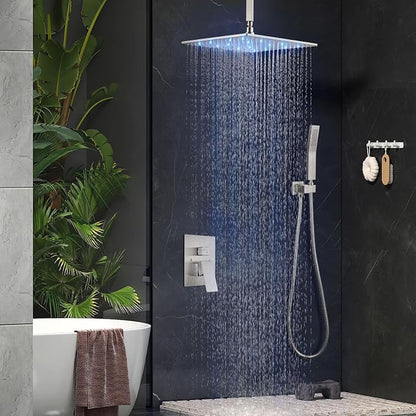 Aolemi Ceiling Shower Faucet Set with Handheld 16" LED Head Brushed Nickel | Handheld Spray,16 Inch Rain LED Head,Shower Valve and Trim Kit,All Metal,Ceiling System,Bathroom Mixer