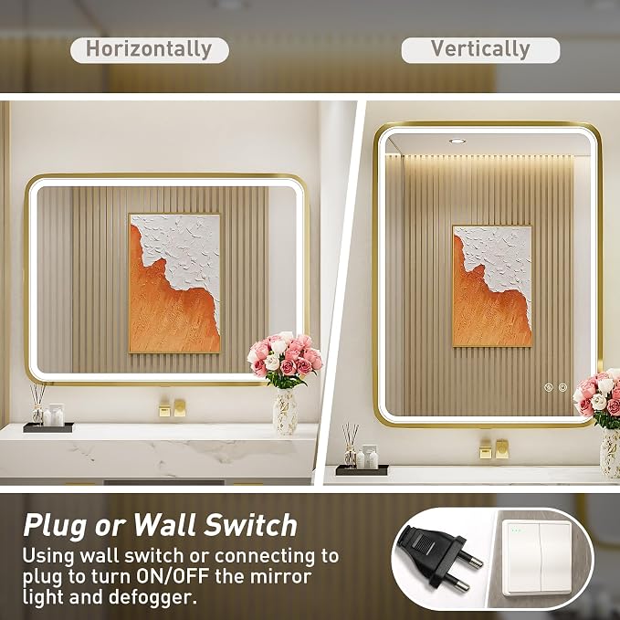 28x36 Inch LED Gold Frame Lighted Bathroom Mirror,3-Color | ETL Listed,Anti-Fog,3000K/4500K/6000K Dimmable,Horizontal & Vertical,Wall Mounted,Memory Function