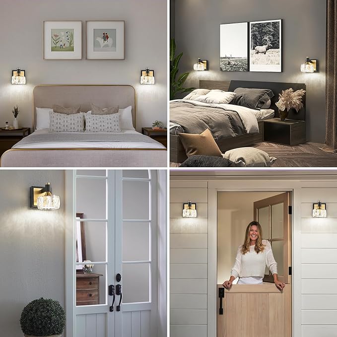 1-Light Wall Sconce, LED Wall-Mounted Light with USB Charging Port, Modern Vanity Light in Black Gold with Crystal Shade for Bathroom, Bedroom, Living Room & Hallway