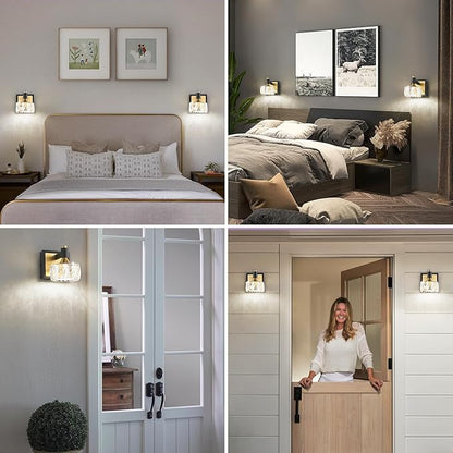 1-Light Wall Sconce, LED Wall-Mounted Light with USB Charging Port, Modern Vanity Light in Black Gold with Crystal Shade for Bathroom, Bedroom, Living Room & Hallway