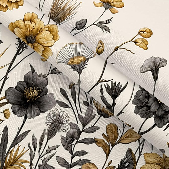 Vintage Boho Beige Floral Shower Curtain, Black Gold Rustic Farmhouse Flower Shower Curtain Set, Cute Botanical Wlidflowers Fabric Shower Curtains Decoration, 72X72 Aesthetic Bathroom Accessories