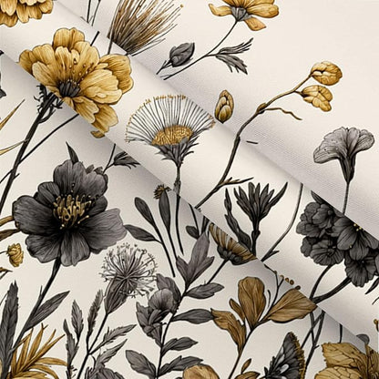 Vintage Boho Beige Floral Shower Curtain, Black Gold Rustic Farmhouse Flower Shower Curtain Set, Cute Botanical Wlidflowers Fabric Shower Curtains Decoration, 72X72 Aesthetic Bathroom Accessories