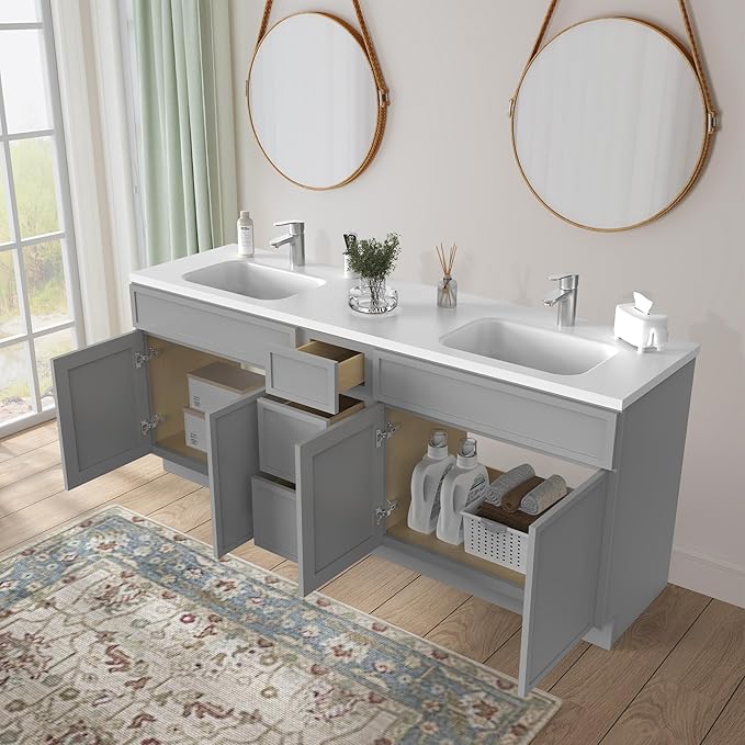 HomeBeyond 90 Inches Bathroom Vanity Base Cabinet Without Sink, Double Sink Top Sturdy Floor Mounted Cabinet with Door & Soft Closing Drawers, Grey, VA4139-2+VA4112-3