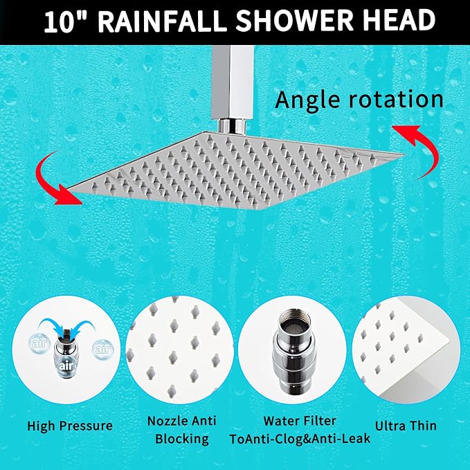 10 Inch Shower Faucet Set, Ceiling Mounted Rainfall Shower System with High Pressure Handheld Shower Head, Bathroom Mixer Rough-in Valve and Trim Shower Kit, Polished Chrome, with Tub Spout