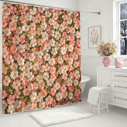 Floral Shower Curtain Pink Farmhouse Flowers Shower Curtain 72 X 72 Inch | with Waterproof Washable Bath Curtain for Boho Floral Bathroom Decor