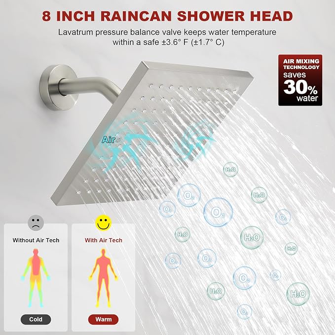 Brush Nickel Premium Shower Head With Valve Set Single Spray Wall Mount 8 Inch Rainfall Square Shower Faucet with Rough-in Valve and Trim Kit for Bathroom