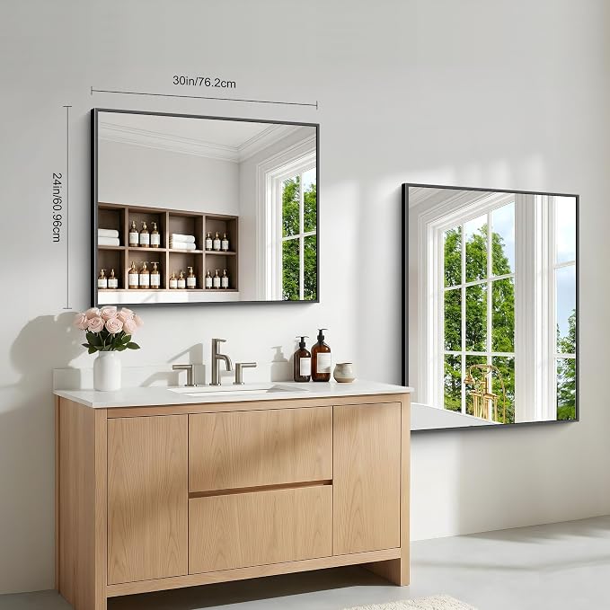 BONEWEI Bathroom Mirror,24x30 inch Wall Mirror for Bathroom Wall Mounted Black Rectangle Square Corner Mirrors,Black Bathroom Mirror for Living Room,Farmhouse,Bedroom Entryway,Horizontal/Vertical