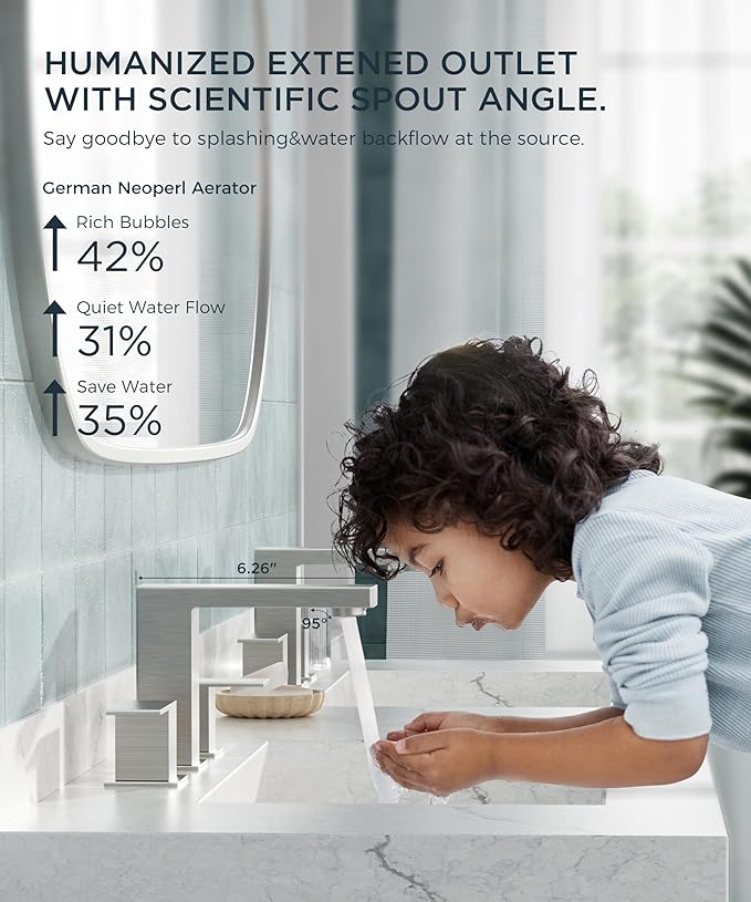 QFN Lead-Free Brushed Nickel Bathroom Faucet 3 Hole, Square Bathroom Sink Faucet 8 Inch Widespread, 2 Handle for 6"-12" Vanity Sink with Metal Pop Up Drain and 24" cUPC Supply Hoses