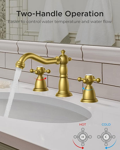 FORIOUS 3 Hole Vintage Bathroom Faucet Brushed Gold, 2 Handles 8 Inch Widespread Antique Brass Bathroom Sink Faucet for Vanity RV Farmhosue, with Metal Pop Up Drain and Supply Lines