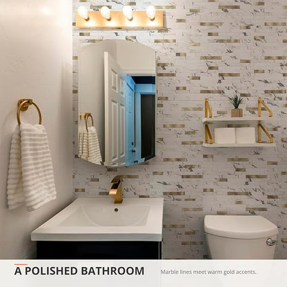 StyloVue 20 Sheets Peel and Stick Backsplash for Kitchen, Volakas White Marble Look with Gold Metal, Stick on Tile for Kitchen Backsplash, RV, Fireplace